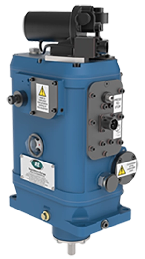 An industrial machine with a blue body, black components and warning labels. The device features various control panels and safety indicators.