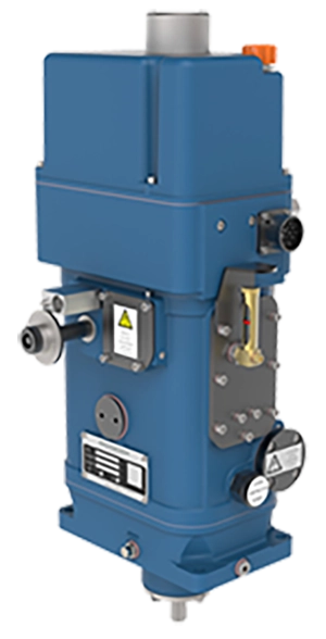 A blue industrial machine with control panels and dials. The device features multiple components and settings.