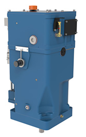 A blue industrial machine with various controls and attachments. The machine features a range of components.