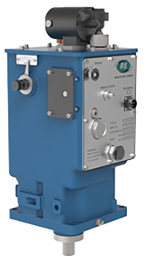 A blue industrial control box with a silver panel and various dials and buttons. The device has a black component on top.