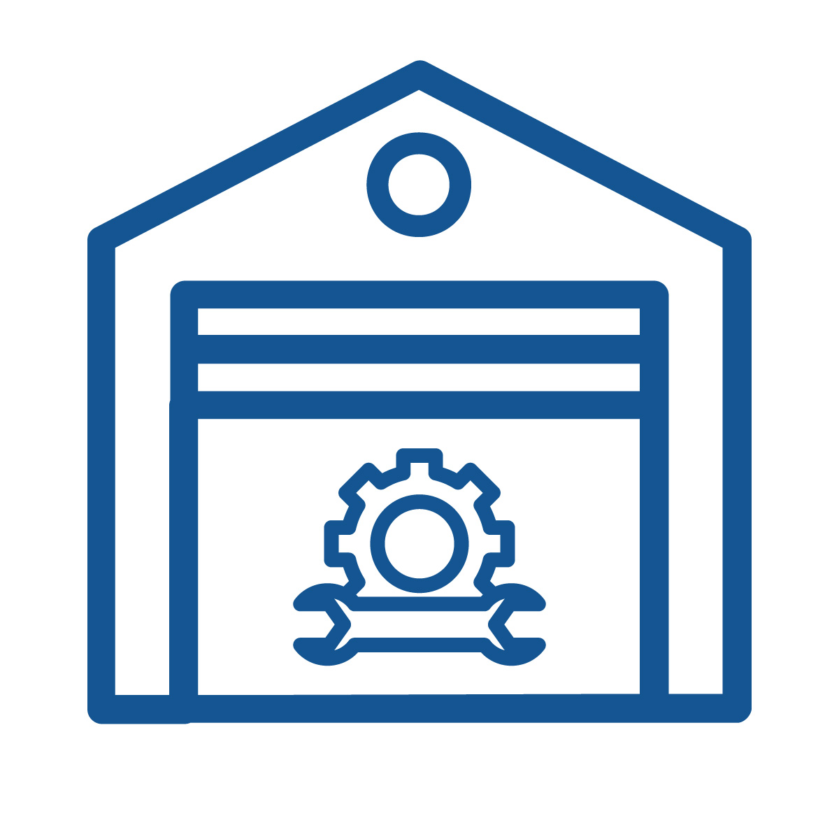 A simple icon of a warehouse with a gear and wrench