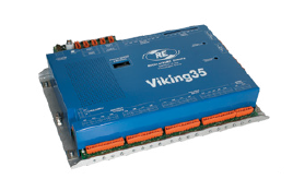 Blue electronic control unit with orange connectors. Viking35 device for industrial applications.