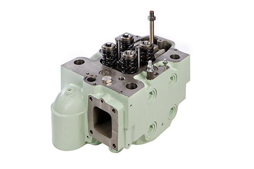 Diesel engine cylinder head with visible valve system and housings on a white background.