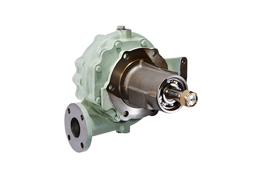 Engine mechanism with visible shaft and flange mounted in a robust housing on a white background.